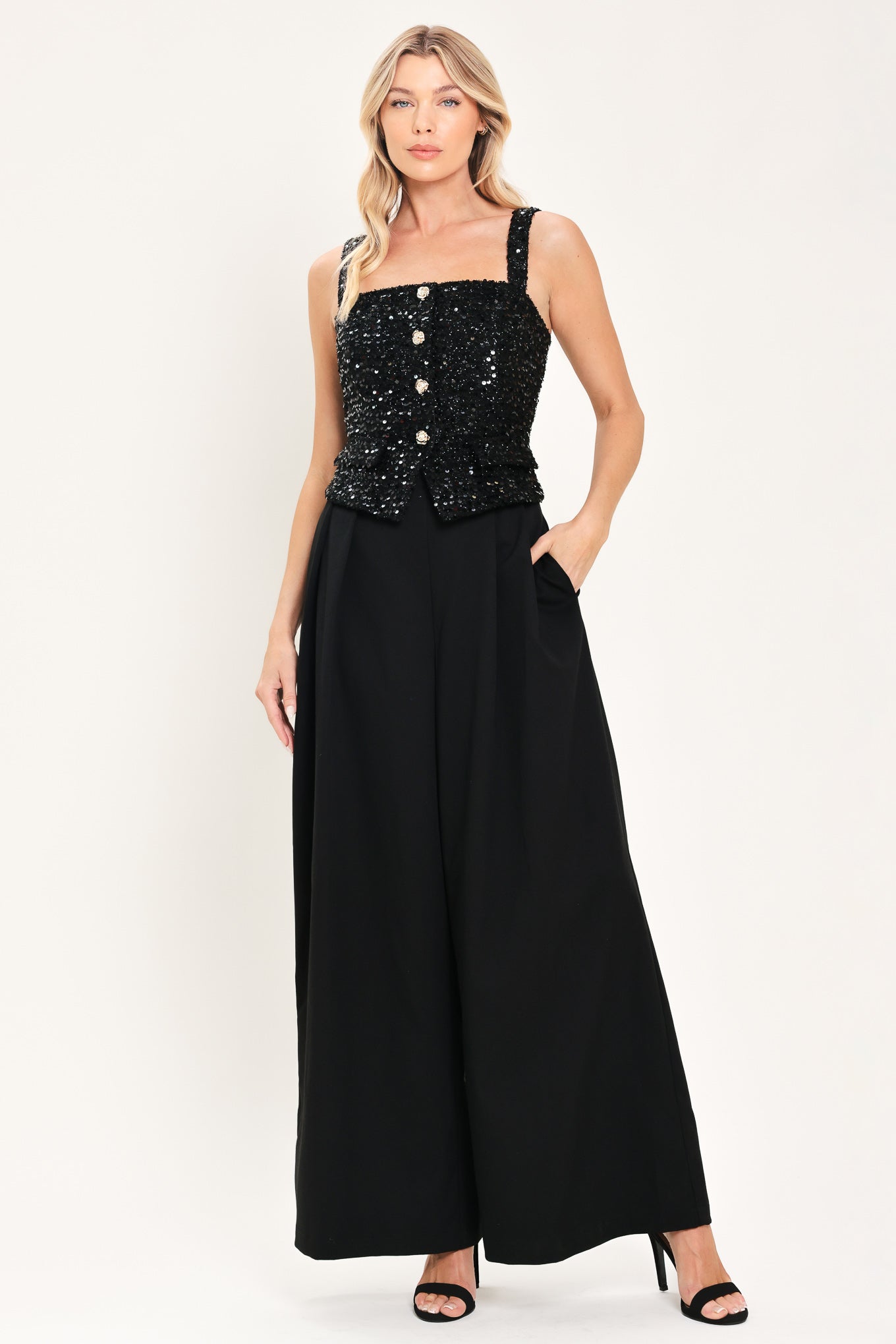 Nightfall Glam Black Sequin Wide-Leg Jumpsuit, product photograph