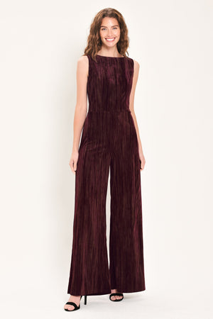 BORDEAUX NIGHTS BURGUNDY TEXTURED VELVET WIDE-LEG JUMPSUIT