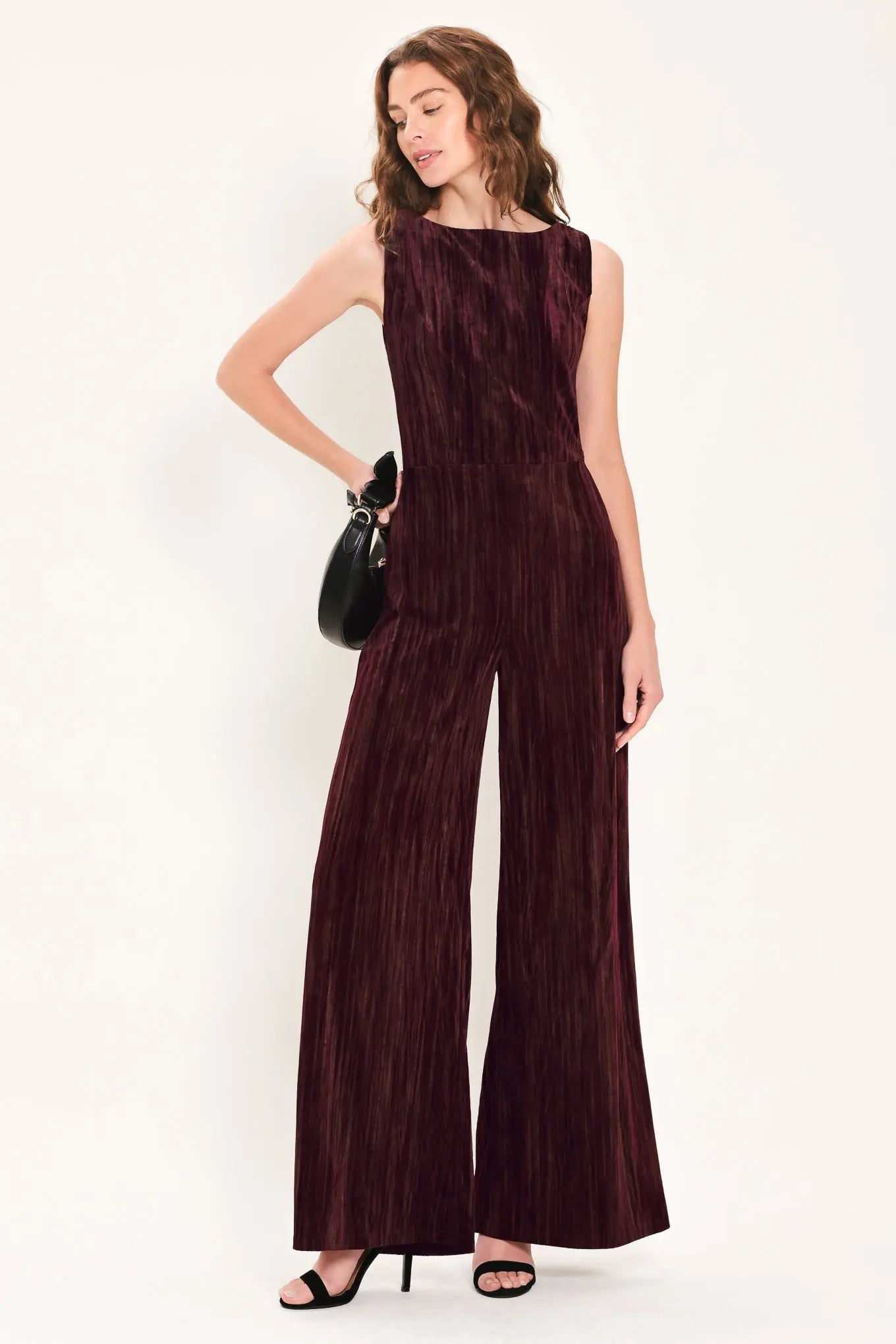 BORDEAUX NIGHTS BURGUNDY TEXTURED VELVET WIDE-LEG JUMPSUIT