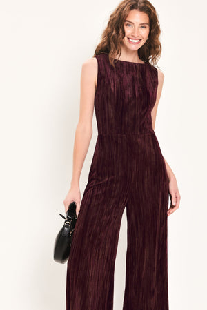 BORDEAUX NIGHTS BURGUNDY TEXTURED VELVET WIDE-LEG JUMPSUIT