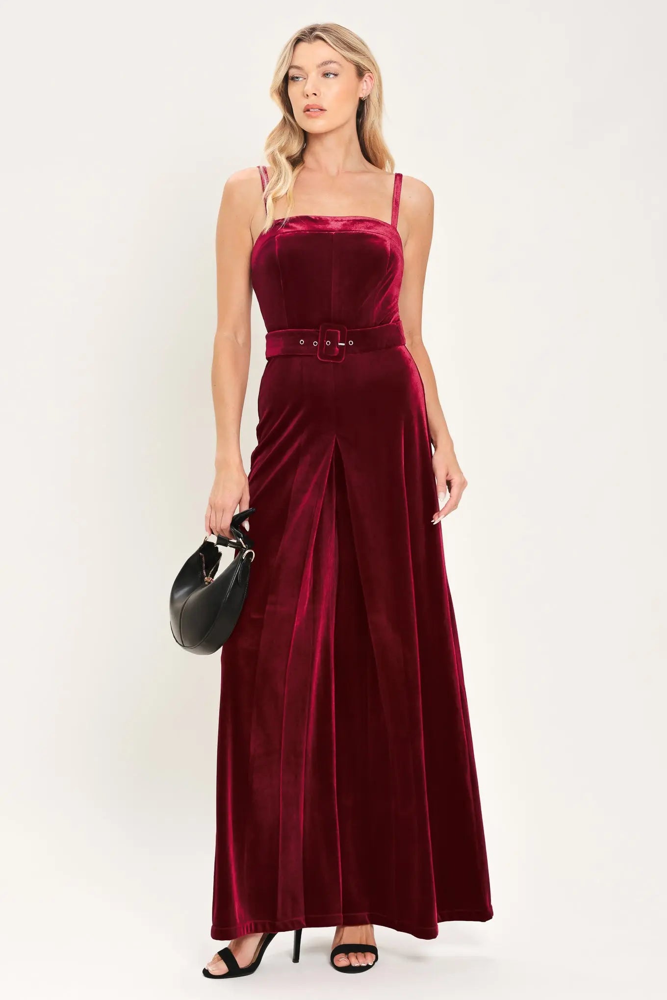 WINE AFTER DARK VELVET BELTED WIDE-LEG JUMPSUIT
