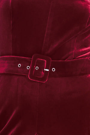 WINE AFTER DARK VELVET BELTED WIDE-LEG JUMPSUIT
