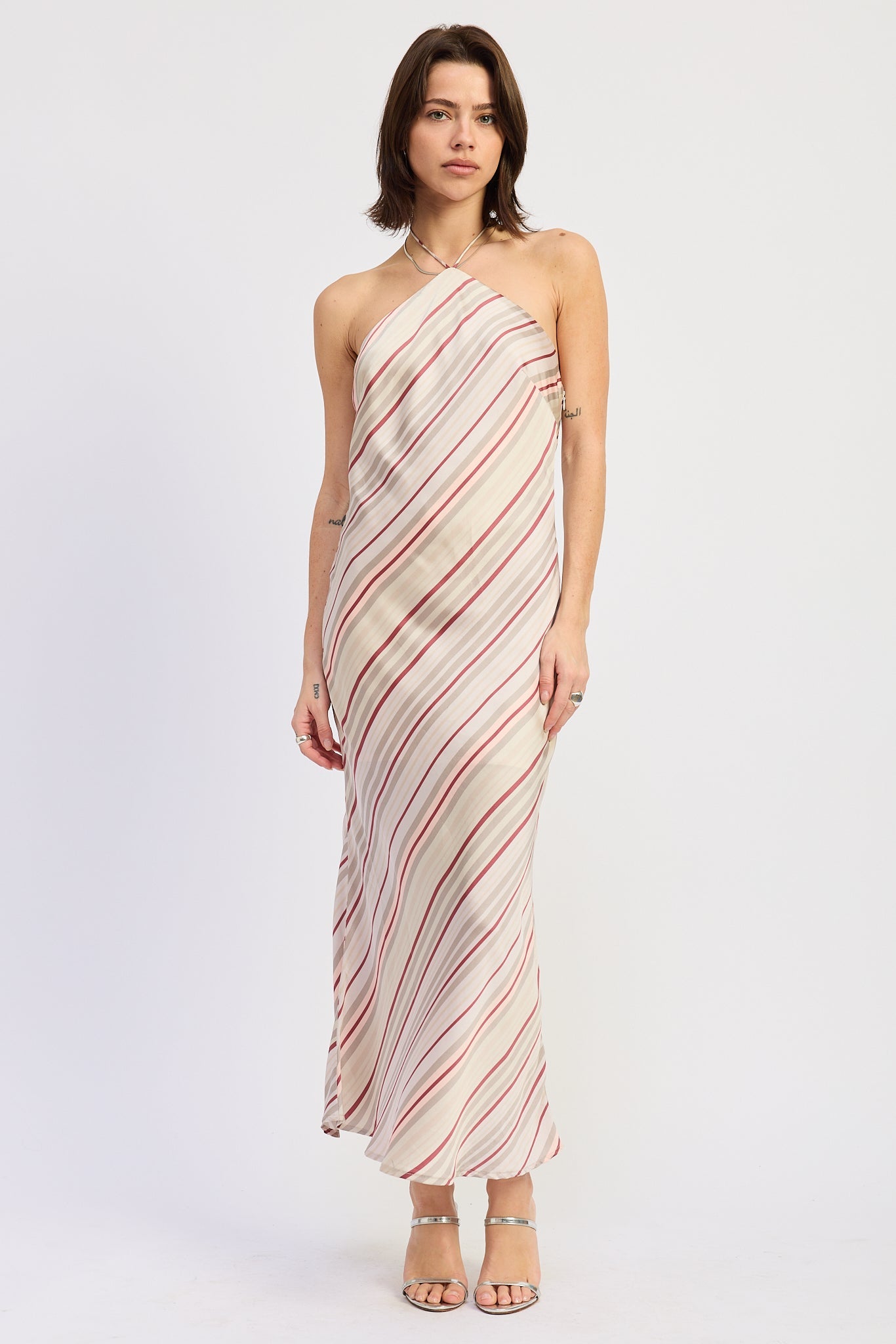 Grey and berry striped satin halter midi dress for a wedding guest