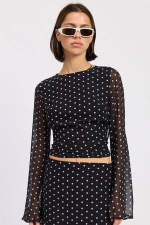 Cropped Polka Dot Sheer Top With Open Back Tie