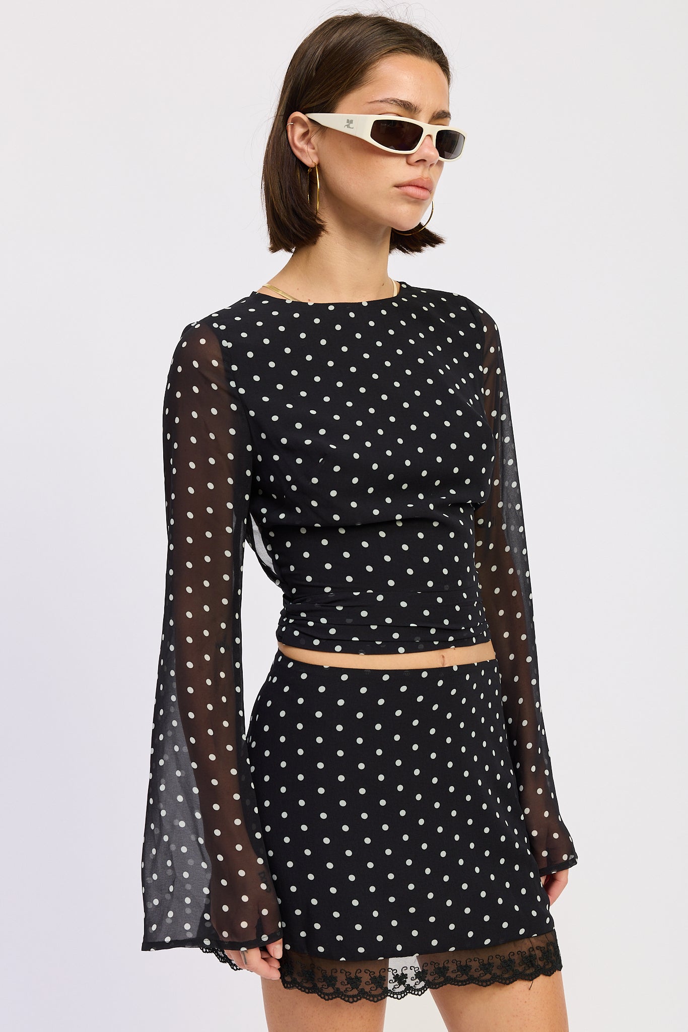 Cropped Polka Dot Sheer Top With Open Back Tie