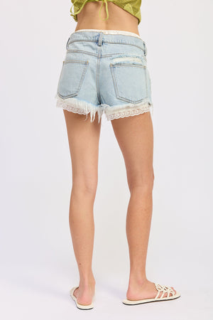 High Rise Denim Shorts With Lace Trim