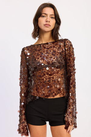 Long Sleeve Sequin Mesh Top - Brown