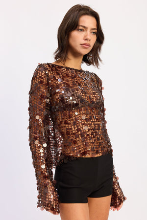 Long Sleeve Sequin Mesh Top - Brown