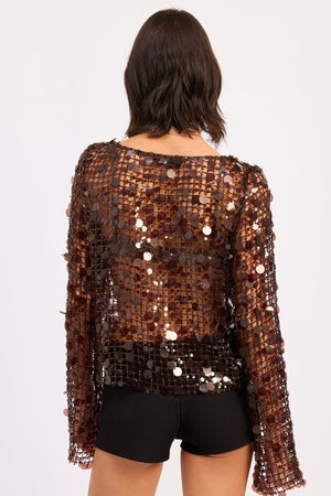 Long Sleeve Sequin Mesh Top - Brown