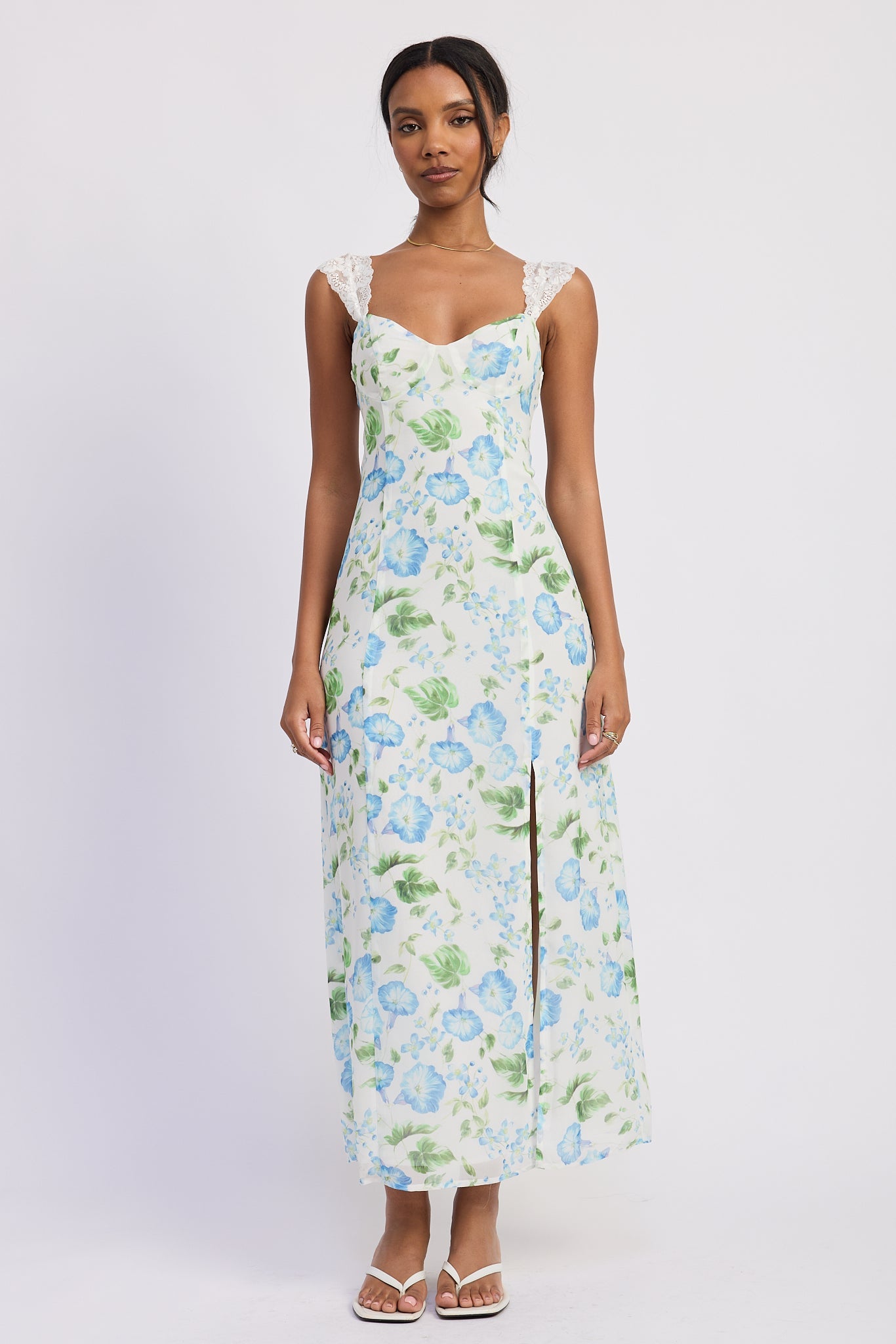 Blue floral chiffon maxi dress with lace trim for a wedding guest
