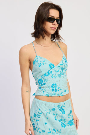 Beaded Open Back Lace Up Top - Rose Pink, Aqua Blue