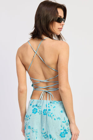 Beaded Open Back Lace Up Top - Rose Pink, Aqua Blue