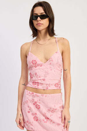 Beaded Open Back Lace Up Top - Rose Pink, Aqua Blue