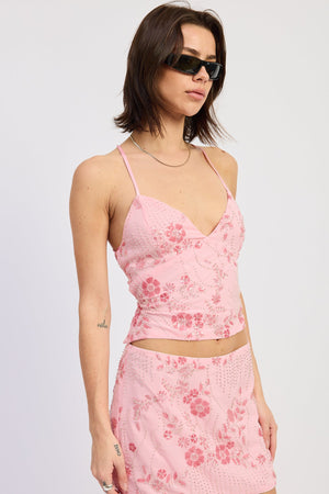 Beaded Open Back Lace Up Top - Rose Pink, Aqua Blue