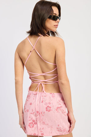 Beaded Open Back Lace Up Top - Rose Pink, Aqua Blue