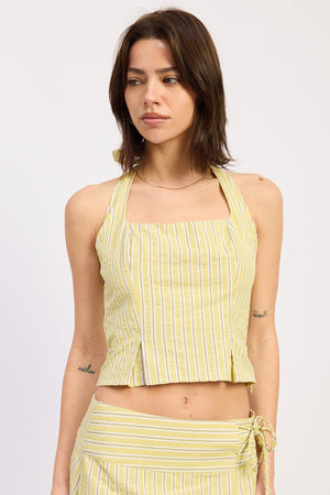 Halter Stripe Top With Lace Back Up Detail