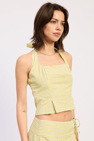 Halter Stripe Top With Lace Back Up Detail