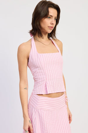 Halter Stripe Top With Lace Back Up Detail