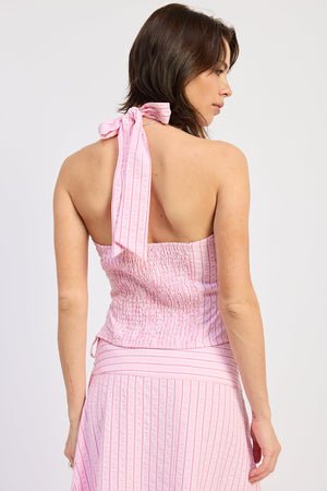 Halter Stripe Top With Lace Back Up Detail
