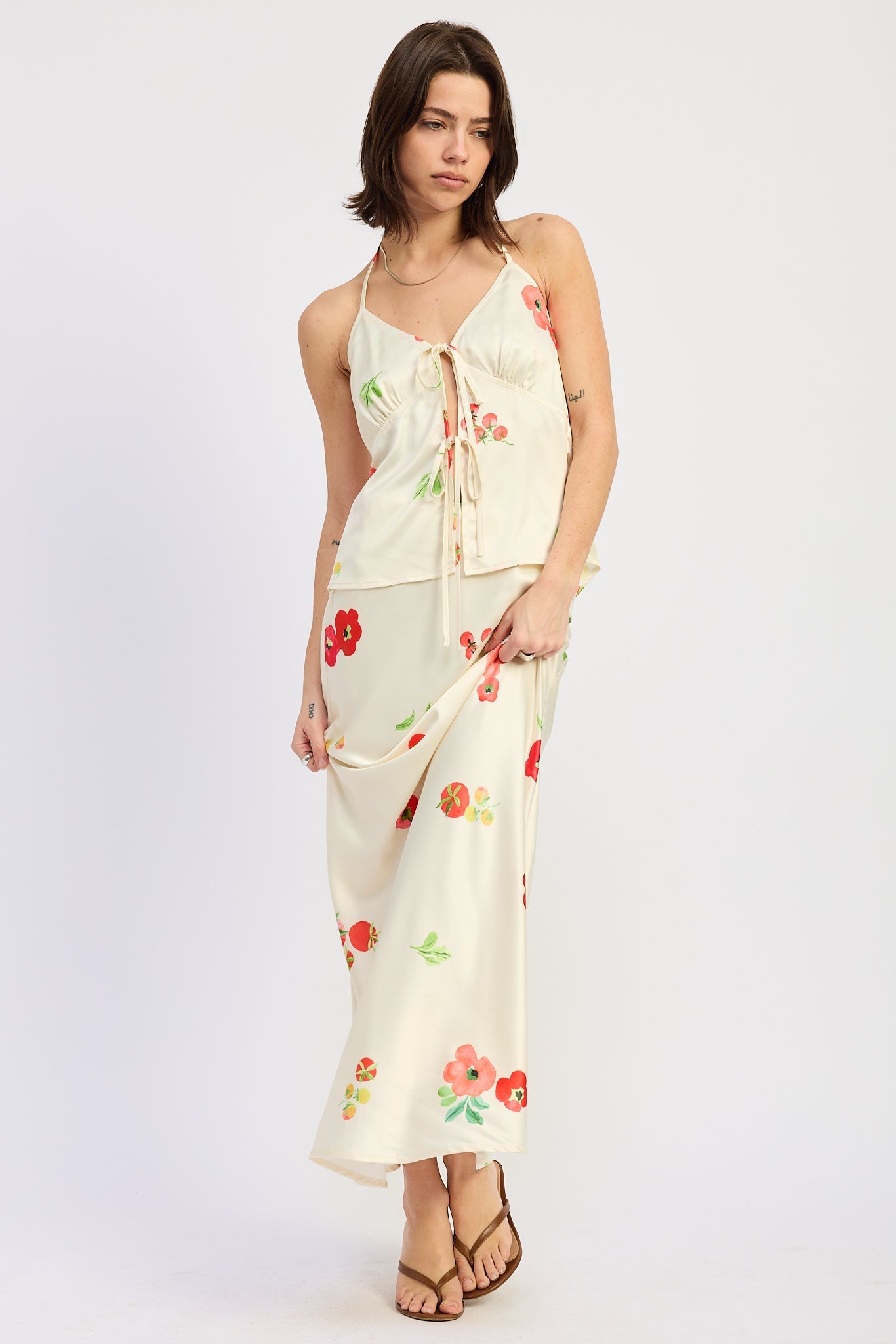 Floral Print Low Rise Satin Bias Skirt