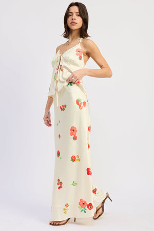 Floral Print Low Rise Satin Bias Skirt