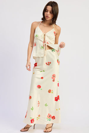 Floral Print Low Rise Satin Bias Skirt