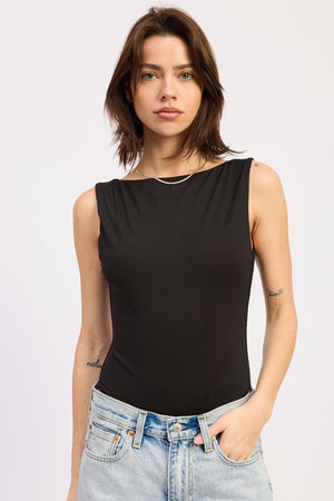 Sleeveless Boat Neck Bodysuit With Back Trim Detail