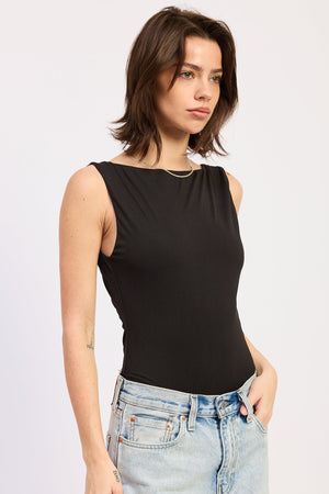 Sleeveless Boat Neck Bodysuit With Back Trim Detail