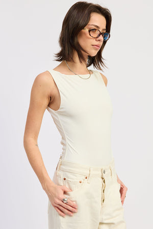 Sleeveless Boat Neck Bodysuit With Back Trim Detail