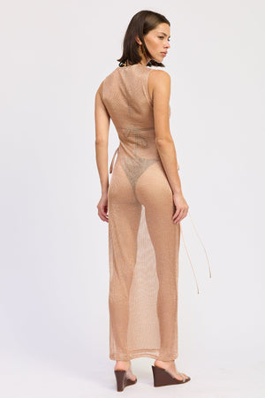 Maxi Sheer Metallic Knit Dress With Side Tie Detail