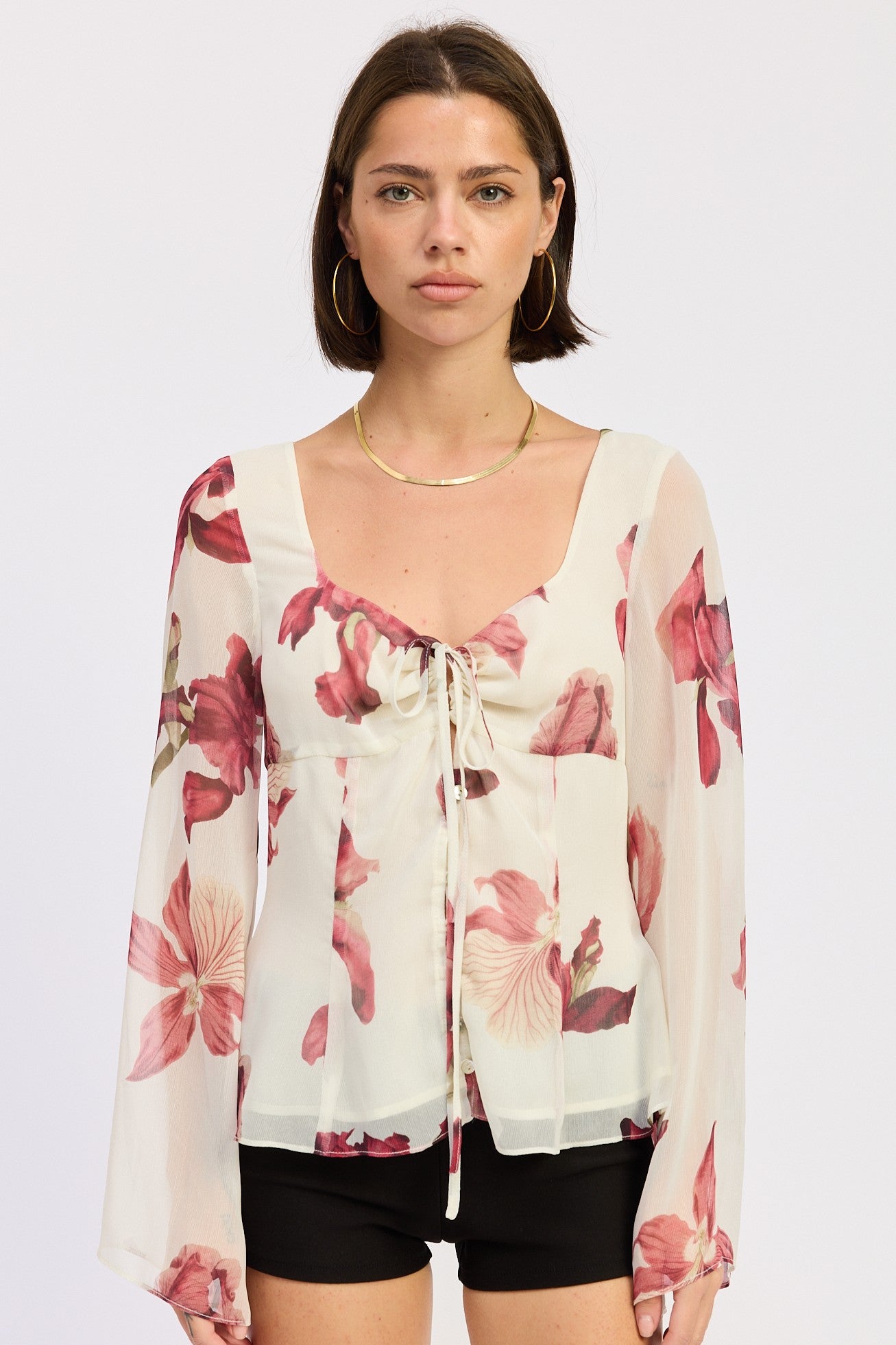 Tie Front Long Sleeve Floral Blouse