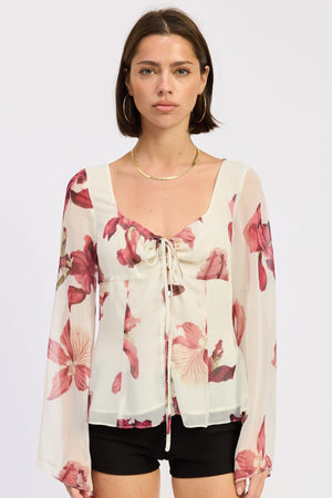 Tie Front Long Sleeve Floral Blouse