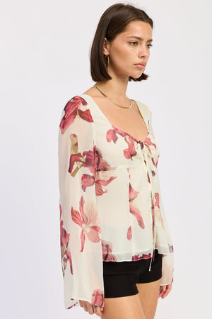 Tie Front Long Sleeve Floral Blouse