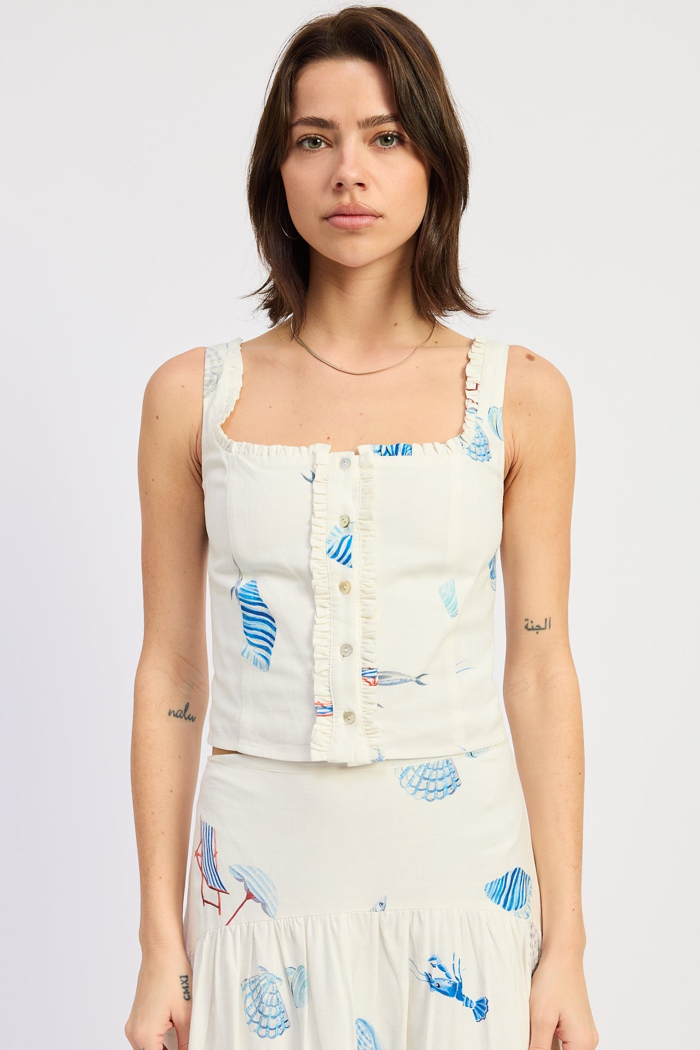 Shell Print Linen Ruffled Tank
