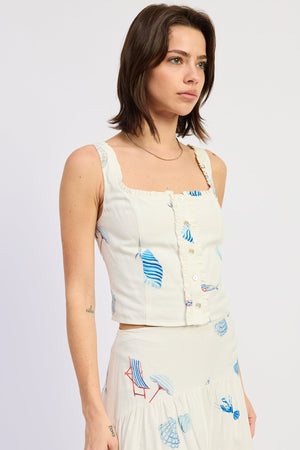 Shell Print Linen Ruffled Tank