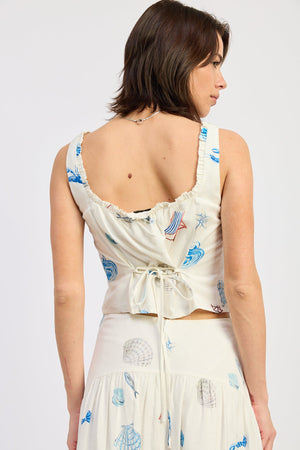 Shell Print Linen Ruffled Tank