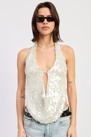 Front Tie Sequin Halter Top