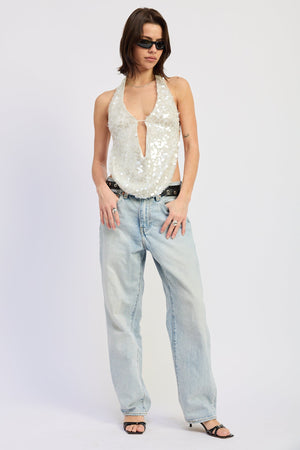 Front Tie Sequin Halter Top