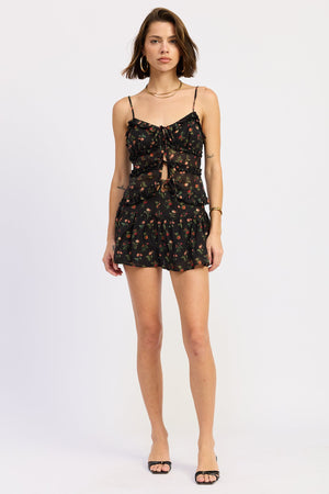 Ruffled Mini Skort - Ivory Floral, Black Floral