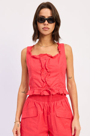 Ruffle Sleeveless Top - Red, Off White