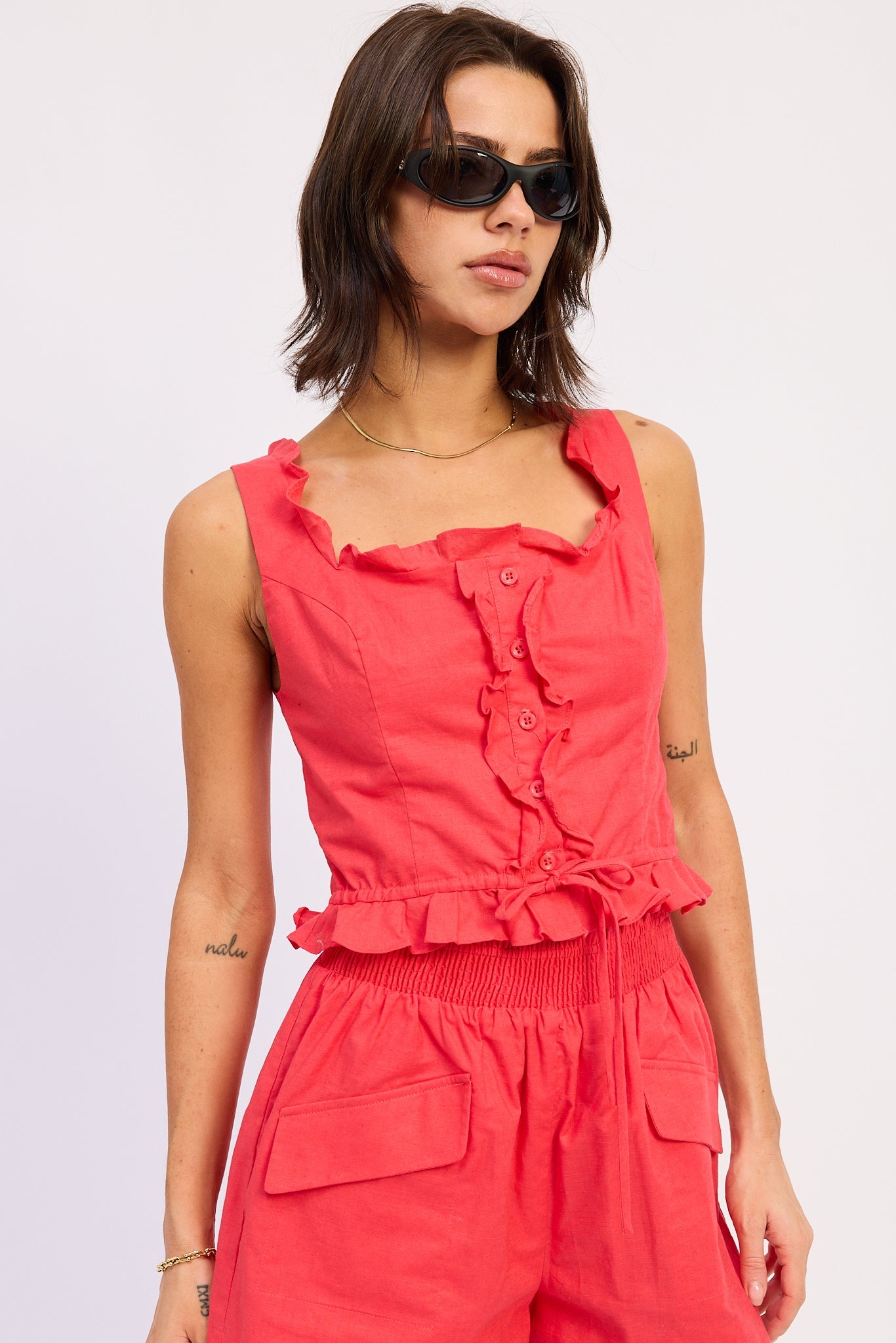 Ruffle Sleeveless Top - Red, Off White