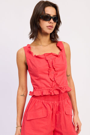 Ruffle Sleeveless Top - Red, Off White