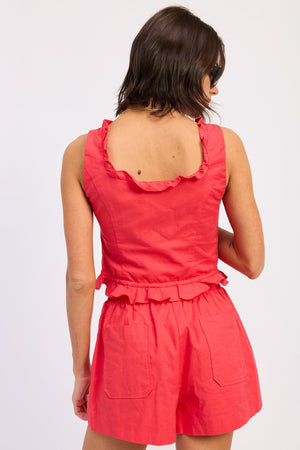 Ruffle Sleeveless Top - Red, Off White