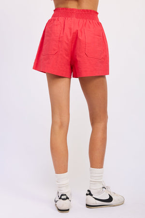 Flap Smocked Waist Shorts - Red, Off White