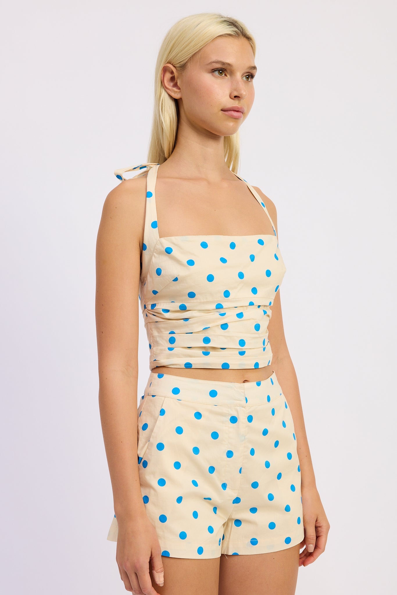 Polka Dot Square Neck Halter Top - Ivory/Blue or Off White/Black