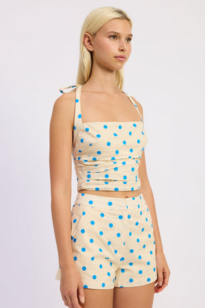 Polka Dot Square Neck Halter Top - Ivory/Blue or Off White/Black