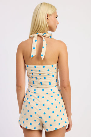 Polka Dot Square Neck Halter Top - Ivory/Blue or Off White/Black