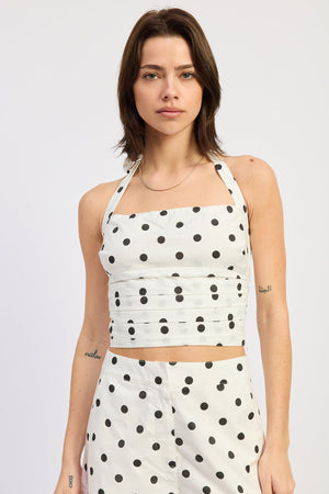 Polka Dot Square Neck Halter Top - Ivory/Blue or Off White/Black