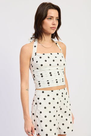 Polka Dot Square Neck Halter Top - Ivory/Blue or Off White/Black