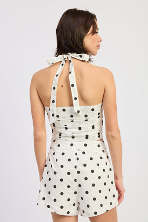 Polka Dot Square Neck Halter Top - Ivory/Blue or Off White/Black